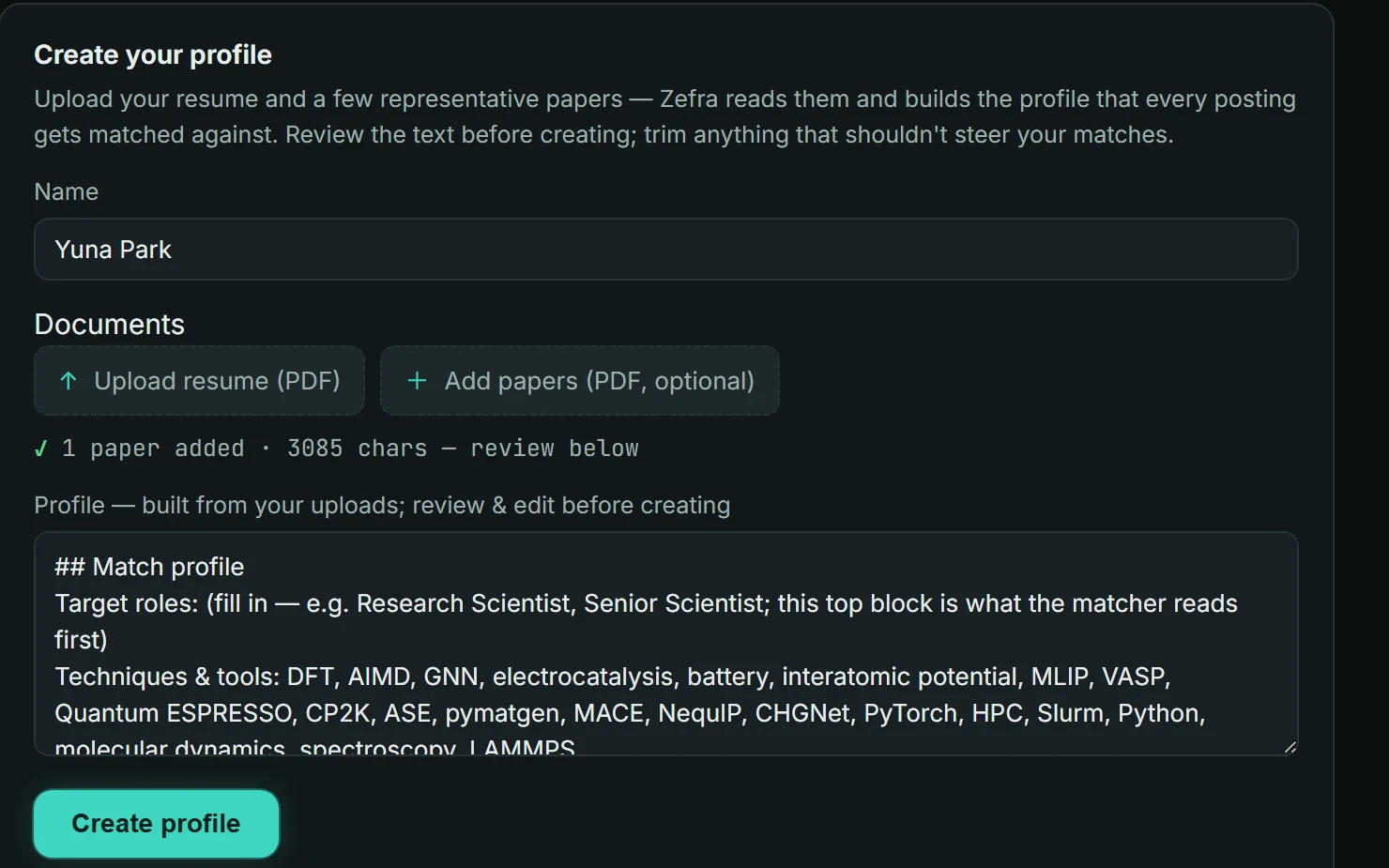 Zefra profile creation: resume and paper PDFs uploaded, with the matching profile auto-built from them for review