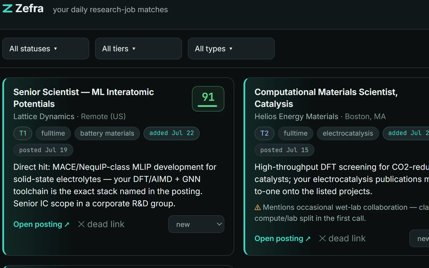 Zefra dashboard with scored job matches — each card shows a 0–100 fit score, tier chips, reasoning, and concerns